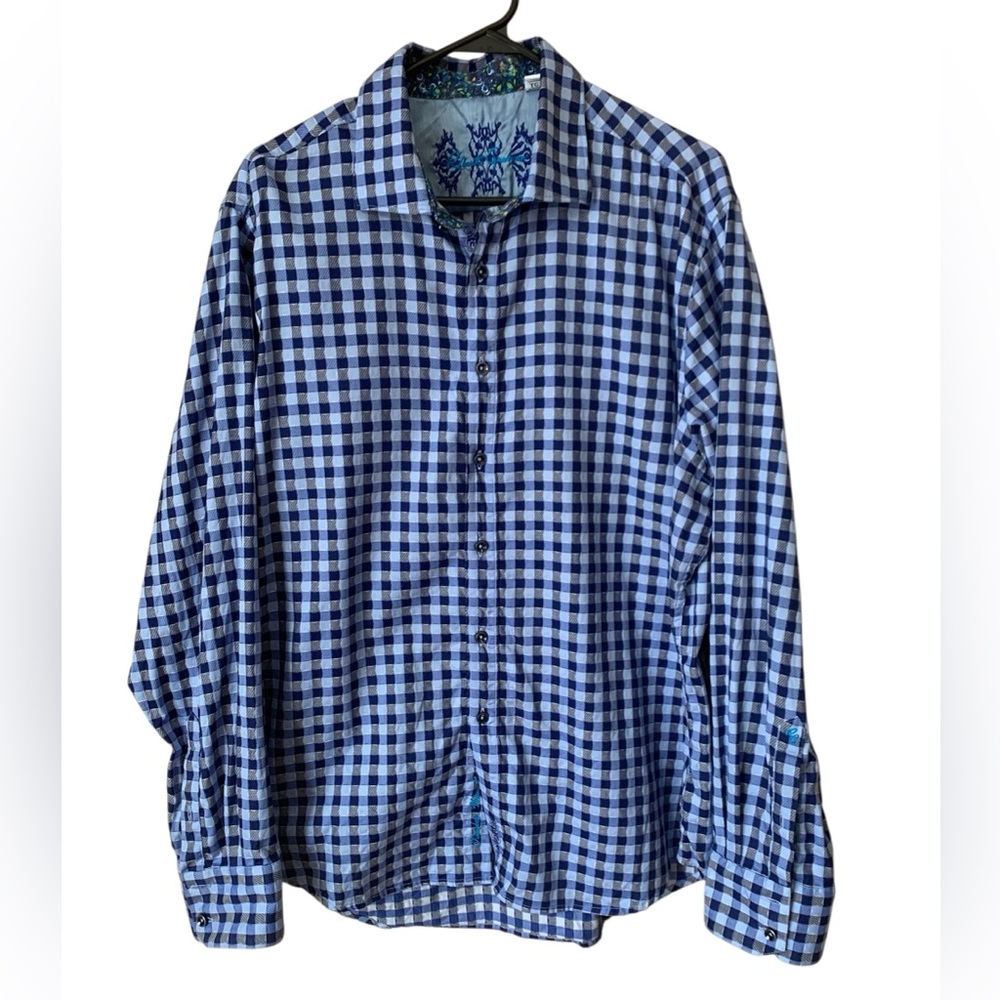 Robert Graham Men XL Classic Fit Blue Gingham Check Long Sleeve Button Front